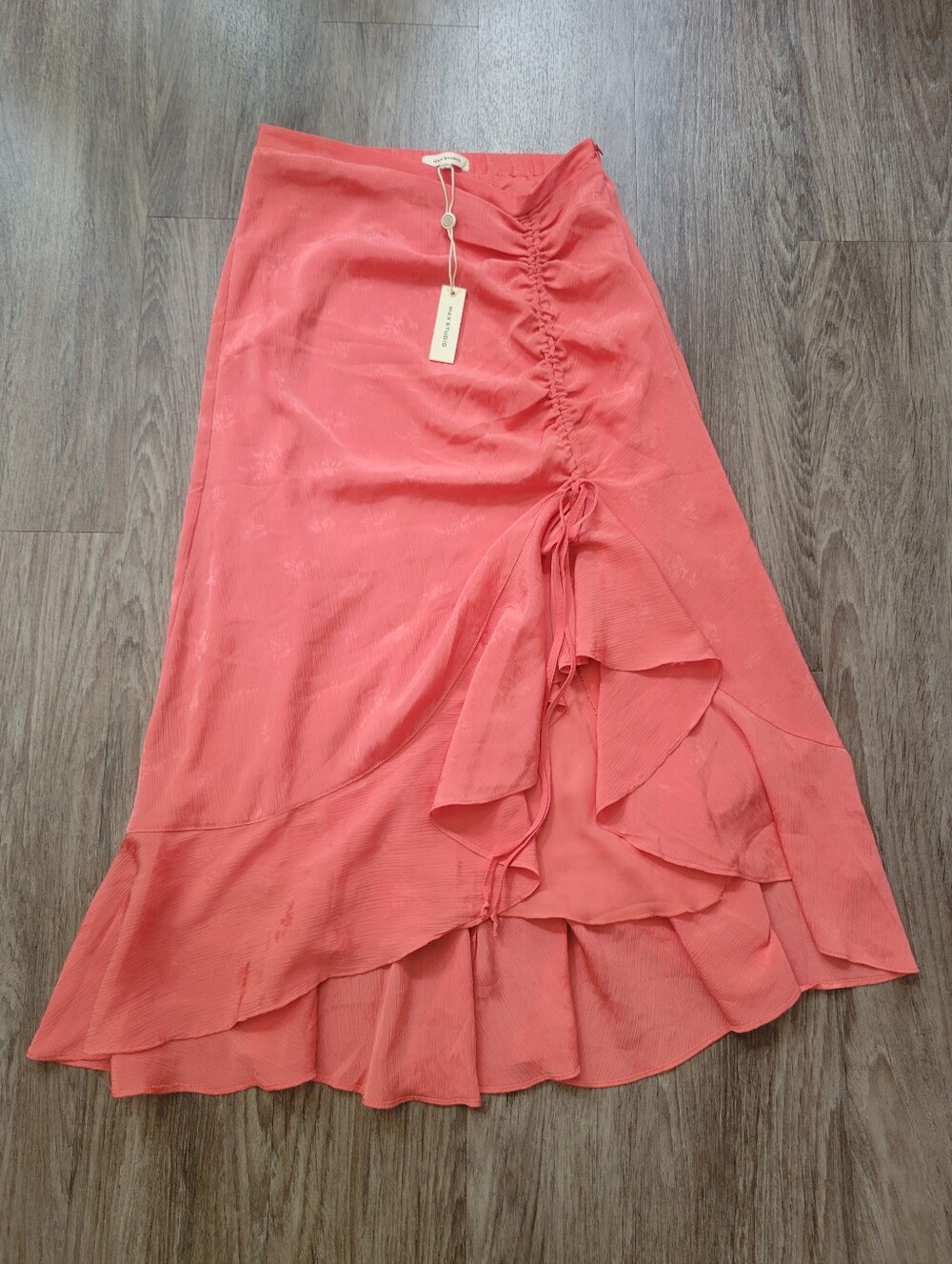 NWT Max Studio Coral Pink Midi Skirt Cinch Front Ruffle Hem Crepe Chiffon SM